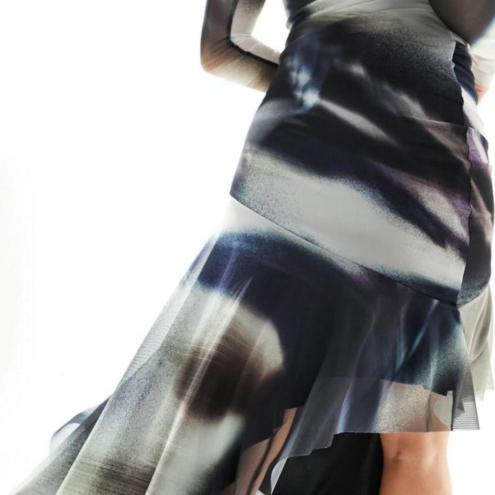 Bershka Off Shoulder Long Sleeve Blue Gray Abstract Patterned Mesh Midi Dress - Picture 5 of 7